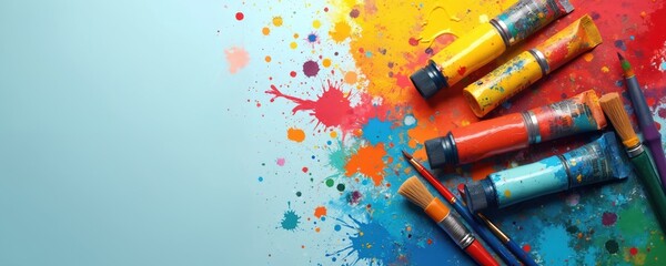 Poster - Colorful art supplies tubes, brushes scattered across light blue background with vibrant paint splashes. Paints look wet. Creative mess, art education concept, artistic expression. Drawing, painting