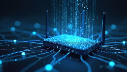 Fototapete - Modern high speed 5G router for secure home networks and online communication. High bandwidth internet tech as banner with copy space, datum data, glowing mesh symbolizes cyberspace connection.