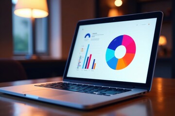 Open laptop displaying vibrant pie chart on bright screen, data, modern