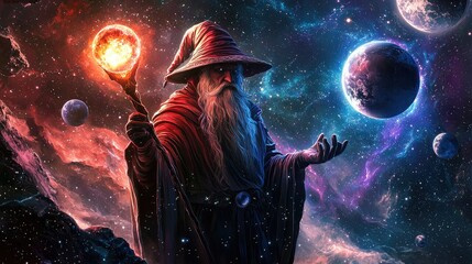 Wall Mural - a realistic wizard in space holding a glowing staff in one hand and a planet in the other with plane