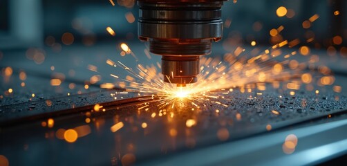 Leinwandbilder - Automatic machine laser cuts stainless square pipe with sparks. High power modern laser tech tool with flames, engraved steel surface. Precision industrial metalworking production with automated