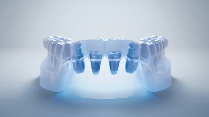 Aufkleber - Dental arch 3D model showcasing implant placement with glowing highlights against a soft background Generative AI