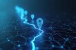 © miss irine - Glowing digital geolocation interface displays GPS navigation. Tracking system points location on road map with pin, tag and geo icon in cyberspace. Tech transportation.