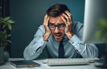 Panicked businessman grabs head computer problems. Angry office worker shocked, surprised by software error. Frustrated developer needs system assistance. Bankruptcy concept. Burnout, stress. Male at