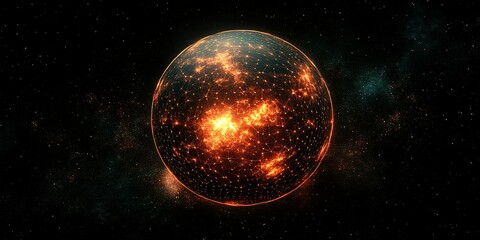 Canvas Print - visual representation of a glowing planet surrounded by a cosmic network in deep space at night