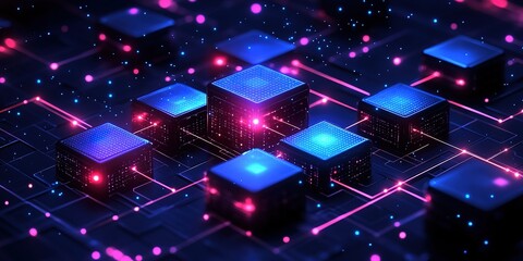 Wall Mural - futuristic digital network with glowing cubes and vibrant data connections pulsating in a dark envir