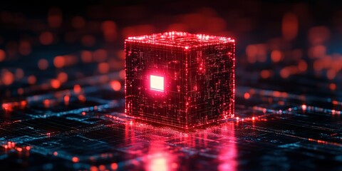 Wall Mural - digital cube glowing with vibrant red light in a futuristic tech setting during nighttime