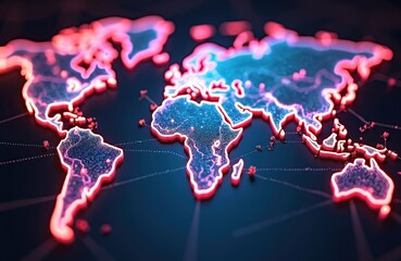 Aufkleber - Glowing neon world map illustrates global connections, networks. Digital earth planet geography showing continents, countries. Abstract technology background design in blue, red colors for futuristic