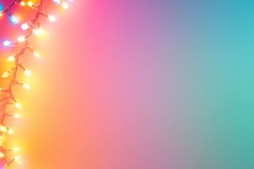 Poster - Festive garland of colorful glowing lights in rainbow spectrum on soft gradient background for celebration or decoration Generative AI