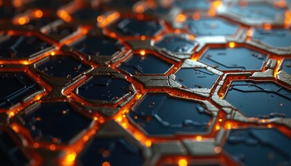 Poster - Abstract metal concept wallpaper background. Hexagonal seamless cells pattern with orange glow inside. Futuristic tech honeycomb texture. Can be used as wallpaper or decorative element.