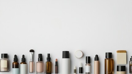 Poster - Assorted cosmetic items arranged in an organized flat lay on a clean white background with pastel shadows for design purposes Generative AI