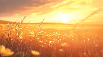 Wall Mural - serene sunset over field of yellow flowers creates warm atmosphere