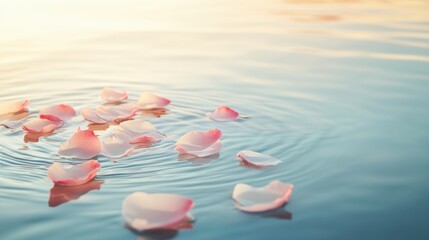 Aufkleber - Serenity unfolds with delicate flower petals dancing on calm water at sunset, evoking peace and tranquility Generative AI