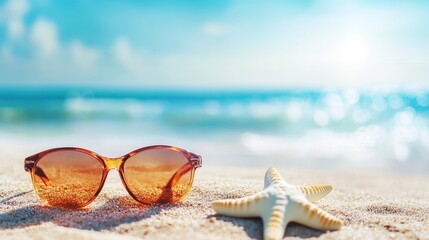 Poster - Bright sunglasses and a starfish resting on sandy beach during sunny day by the ocean Generative AI
