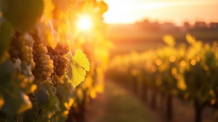 Aufkleber - Golden sunlight filters through grapevines in a lush vineyard during sunset hours in the countryside Generative AI