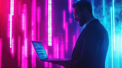 Cyberpunk Coder: A focused businessman in a suit reviews code on his laptop against a vibrant backdrop of neon pink and blue vertical lights.