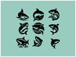 © Rina - Shark logo collection: Nine powerful vector designs for branding. A collection of nine stylized shark logos, set against a muted teal background.