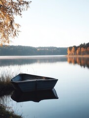 Aufkleber - Quiet morning at a tranquil lake with a small boat drifting in calm waters surrounded by autumn foliage Generative AI