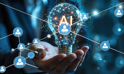 Wall Mural - a businessman's hand holding a glowing lightbulb with the word 