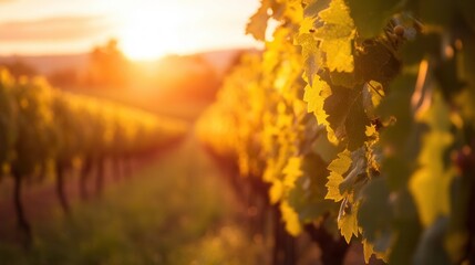 Poster - Golden sunlight illuminates vineyard rows during harvest season at sunset in the countryside Generative AI
