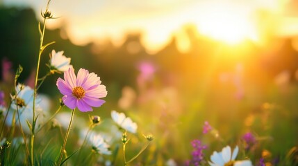 Fototapete - Colorful flowers basking in the warm glow of sunset in a vibrant field of blossoms Generative AI