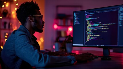 a focused programmer engrossed in his code, lit by the soft glow of the screen, working diligently i