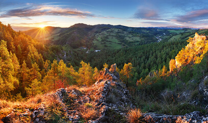 Poster - Scenic landscape in Hricov, Slovakia, on beautiful autumn sunrise with colorful leaves on trees in forest