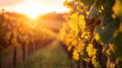 Leinwandbilder - Golden sunlight illuminating grapes in a vineyard during sunset on a warm evening in autumn Generative AI