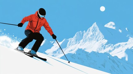 Poster - Skier navigates snowy slopes under a clear sky with majestic mountain backdrop Generative AI