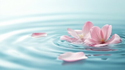 Poster - Serene reflection of pastel colors with floating flower petals in calm water Generative AI