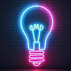 Wall Mural - a neon light bulb sign glows in vibrant blue and pink colors against a dark brick wall, symbolizing 