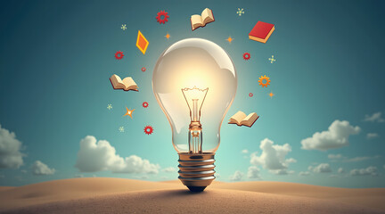 Wall Mural - a giant transparent light bulb stands prominently in an empty landscape, surrounded by floating symb