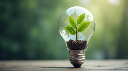Wall Mural - a light bulb contains a small green tree growing inside, symbolizing the connection between nature a