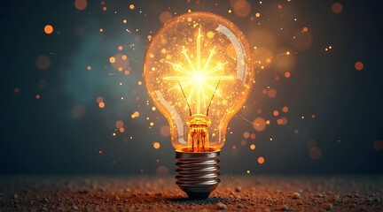 Wall Mural - a light bulb shatters, releasing a vibrant burst of glowing energy and sparkling symbols that repres