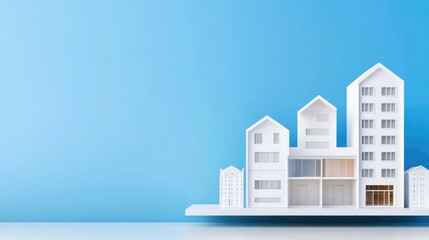 White model houses against a vibrant blue gradient background