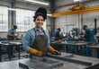 © mafsdisseny - Woman smiles in an apron and welding mask posing near a table with metal pieces. Industrial warehouse.