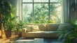 © Fora - Modern living room with large windows, comfortable sofa, and indoor plants, clean and minimal, ultra-detailed, 4k