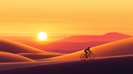 Aufkleber - Cyclist rides through a glowing sunset over rolling hills toward the horizon Generative AI
