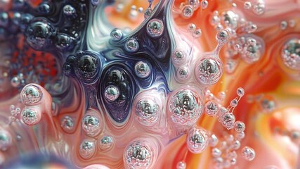 Fototapete - Hypnotic flow of multicolored streams. Miniature bubbles glow inside the jets, bursting with shades of turquoise, purple, metallic green and deep sapphire