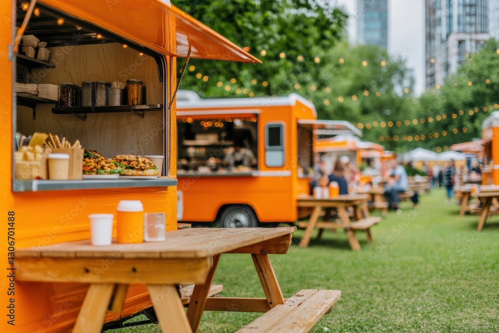 A bustling Louisville lunch scene with a variety of food carts and diners enjoying diverse meals