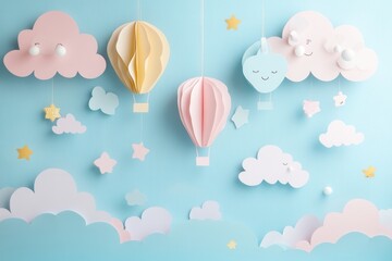 Poster - Charming whimsical paper art background with pastel clouds and floating balloons creating a playful atmosphere Generative AI