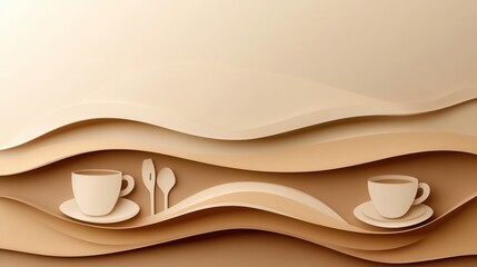 Aufkleber - Cozy paper art background with layered silhouettes of coffee cups and utensils creating an inviting cafe atmosphere Generative AI