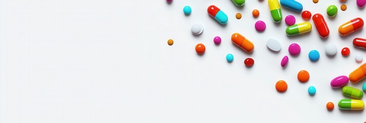 Poster - Colorful array of medical capsules scattered across a minimalist white background showcasing high detail and realistic lighting Generative AI