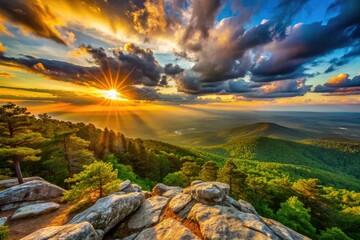Wall Mural - Alabama's Cheaha Mountain: A captivating landscape sunset, golden hour light illuminating a breathtaking night panorama.