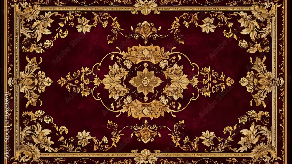 Royal palace rug pattern in burgundy and gold, elaborate filigree and ...