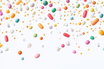 Fototapete - Colorful array of capsules scattered against a minimalist white background capturing medical essence with dynamic flair Generative AI