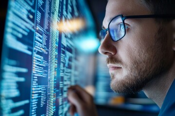 Young caucasian male programmer analyzing code on computer screen in office