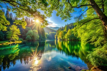 Wall Mural - Serene forest lake, calm waters reflecting verdant trees, picturesque scene.