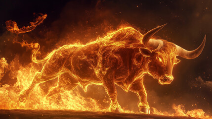 Wall Mural - a roaring bull made of fire, charging with intense heat waves around it