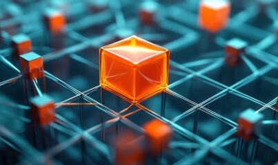 Digital Abstract Art: Glowing Orange Cube in a Network of Cubes